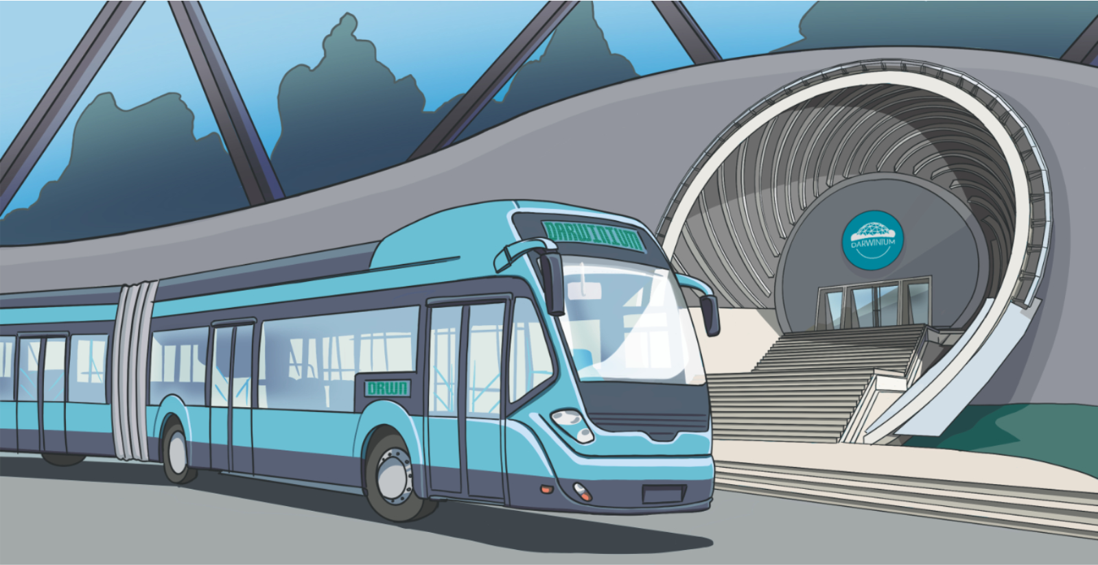 Illustration d'un bus devant l'entrée du dôme de Darwinium